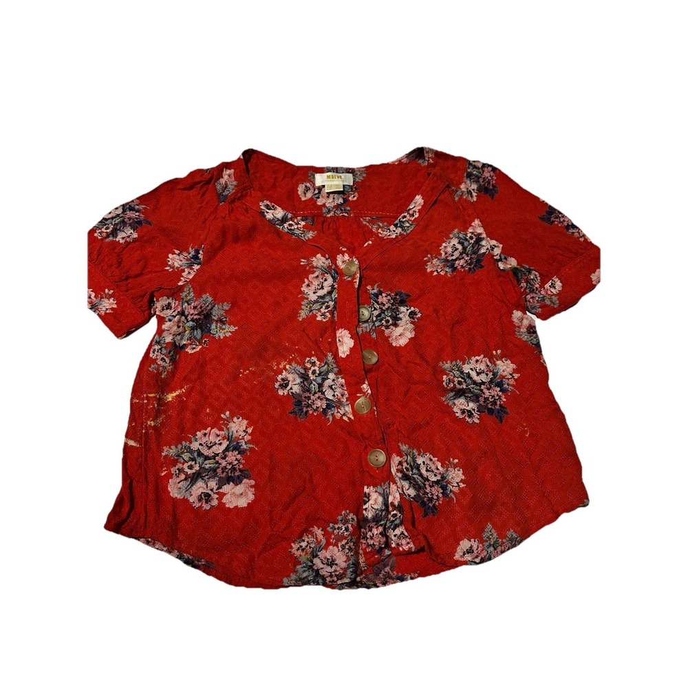 Anthropologie Maeve Top Women's Size 00P Red Floral Short Sleeve Button Up VNeck